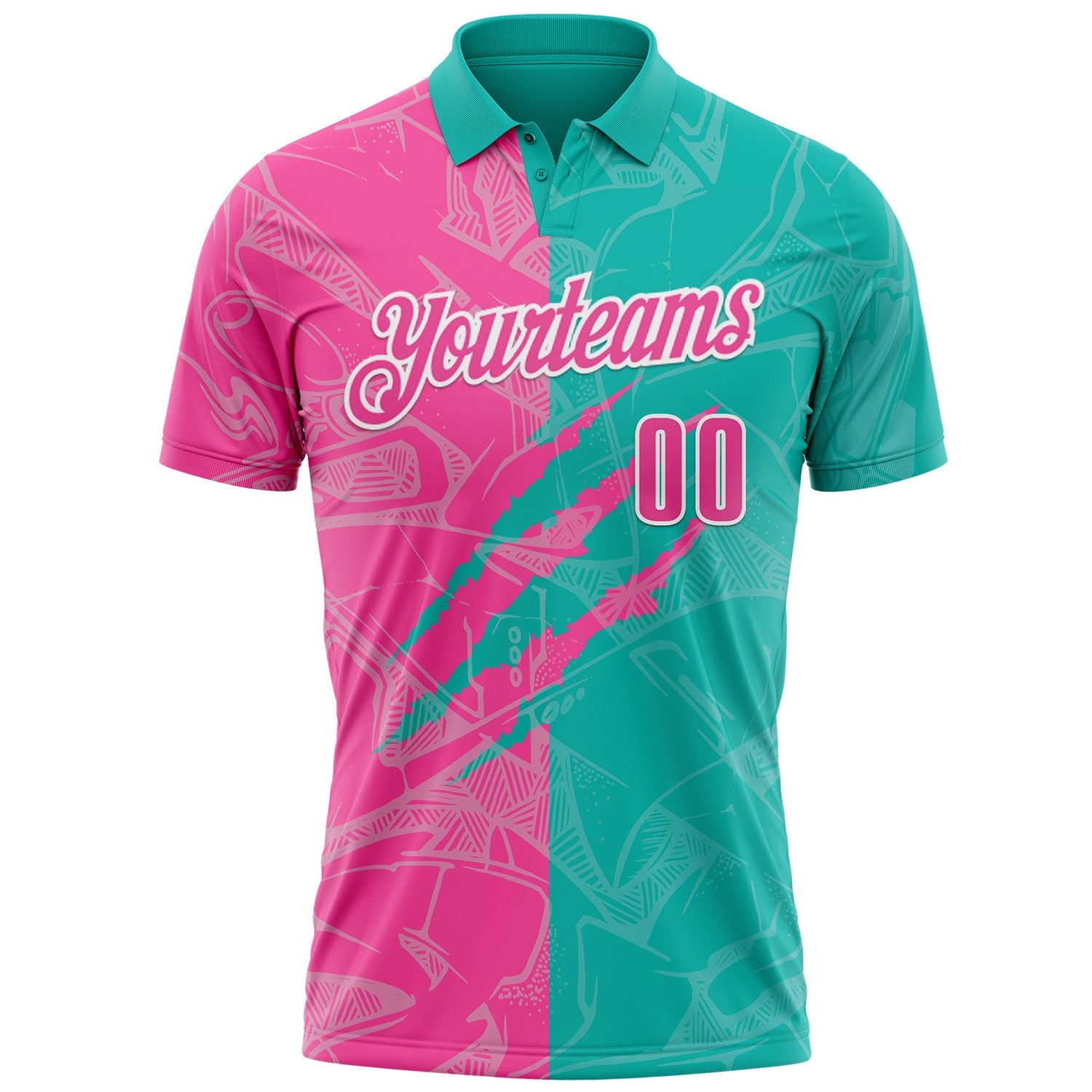 Custom Graffiti Pattern Pink Aqua-White 3D Scratch Performance Polo Shirt