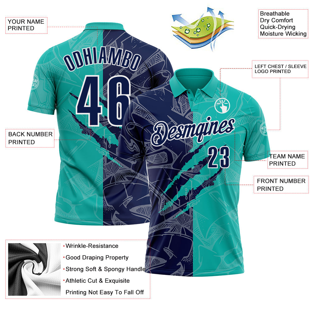 Custom Graffiti Pattern Navy Aqua-White 3D Scratch Performance Polo Shirt