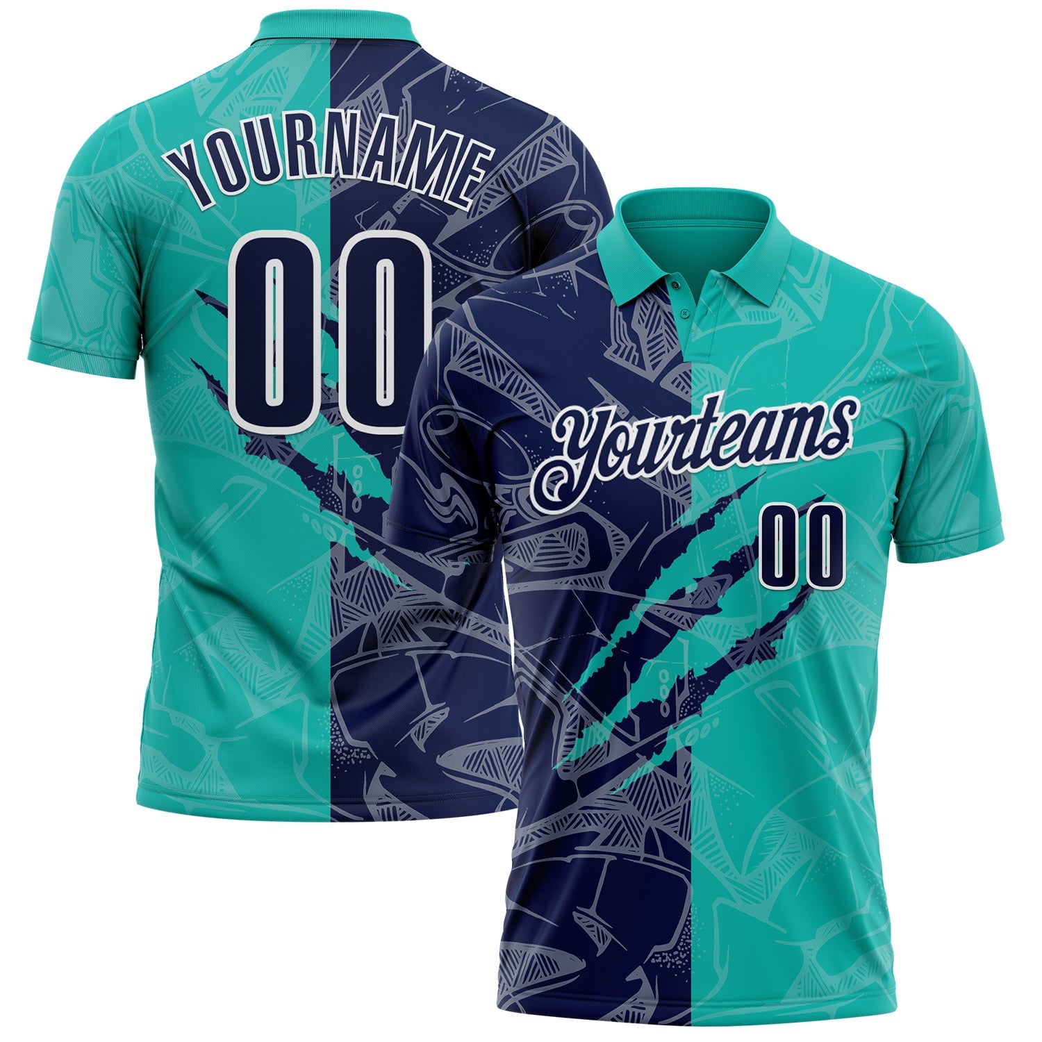 Custom Graffiti Pattern Navy Aqua-White 3D Scratch Performance Polo Shirt