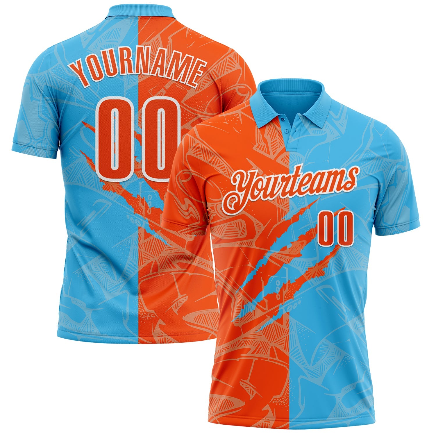 Custom Graffiti Pattern Orange Sky Blue-White 3D Scratch Performance Polo Shirt
