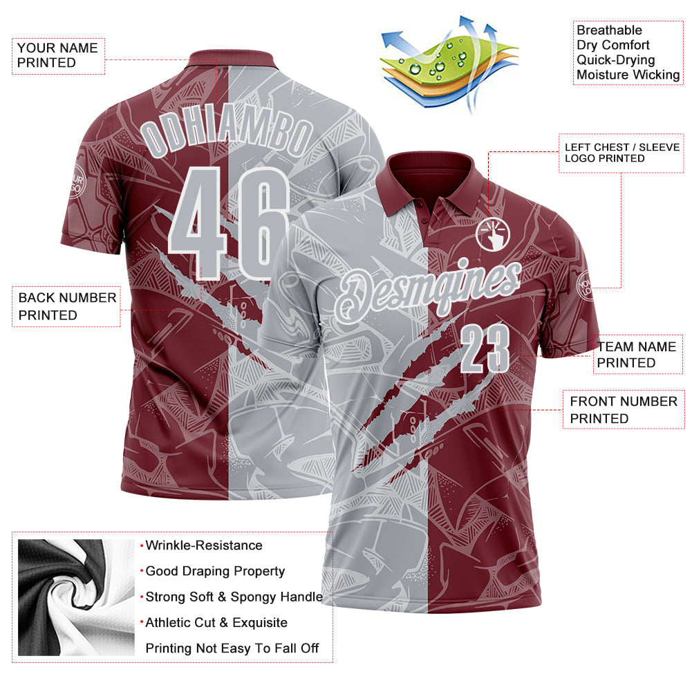 Custom Graffiti Pattern Gray Burgundy-White 3D Scratch Performance Polo Shirt