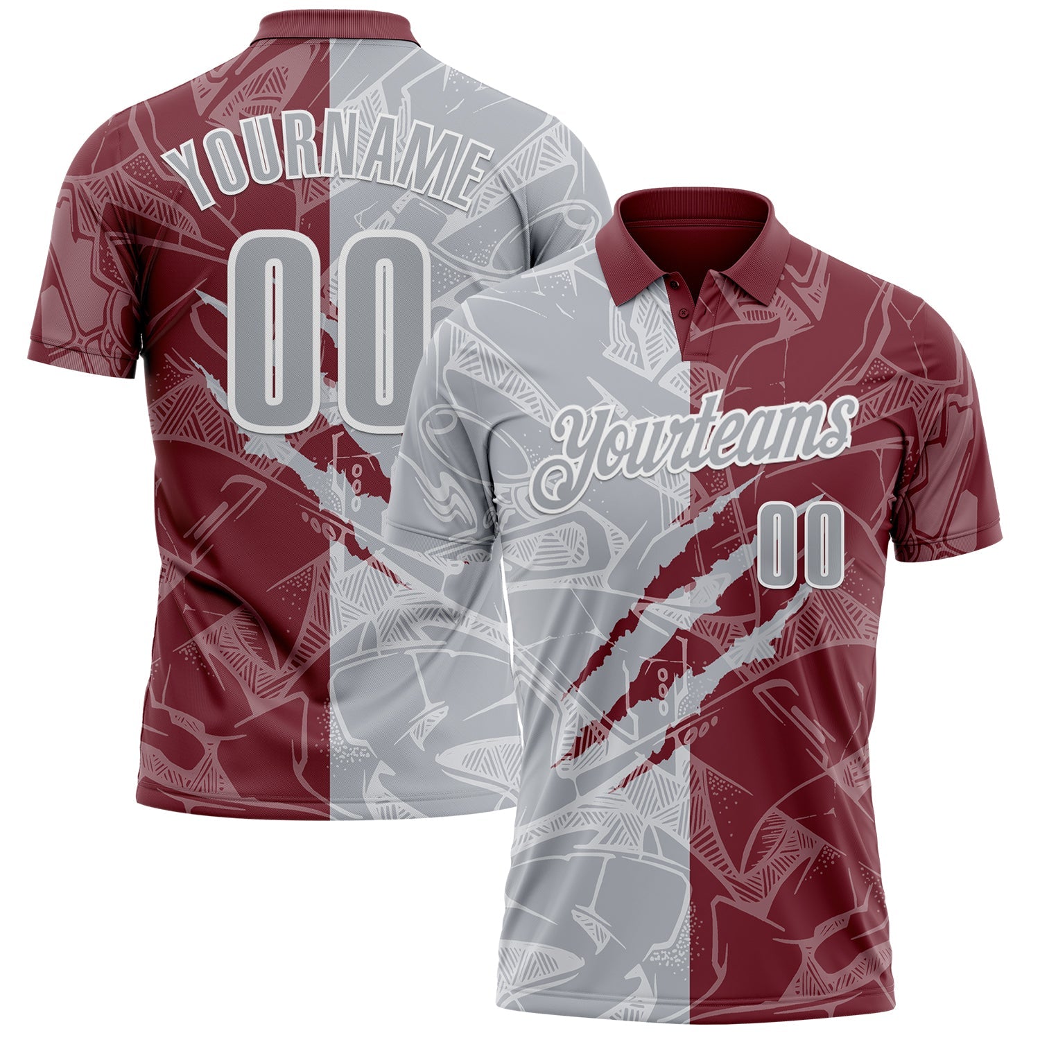 Custom Graffiti Pattern Gray Burgundy-White 3D Scratch Performance Polo Shirt