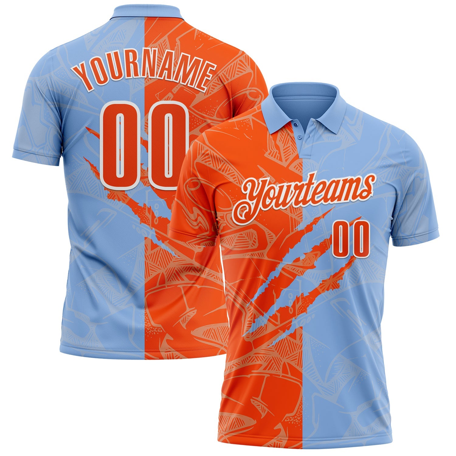 Custom Graffiti Pattern Orange Light Blue-White 3D Scratch Performance Polo Shirt