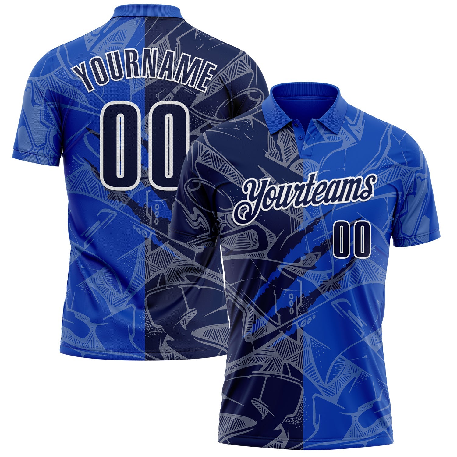 Custom Graffiti Pattern Navy Thunder Blue-White 3D Scratch Performance Polo Shirt