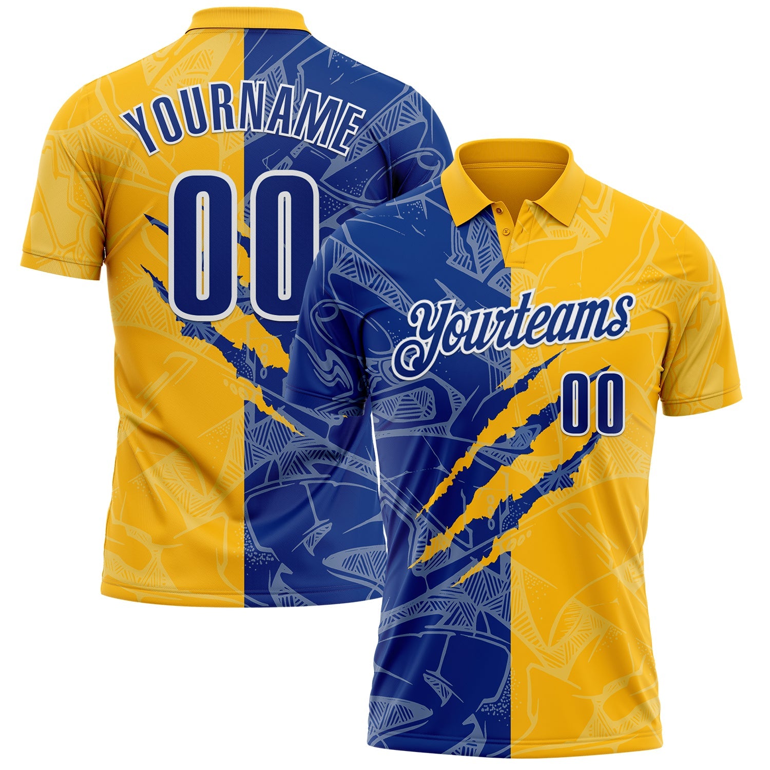 Custom Graffiti Pattern Royal Gold-White 3D Scratch Performance Polo Shirt