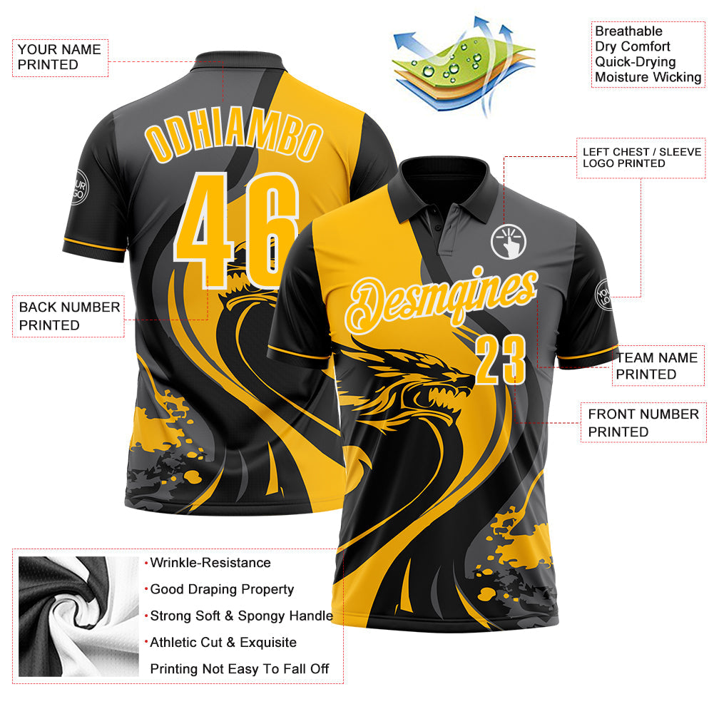 Custom Black Gold Steel Gray-White 3D Pattern Design Animal Wolf And Splash Performance Polo Shirt