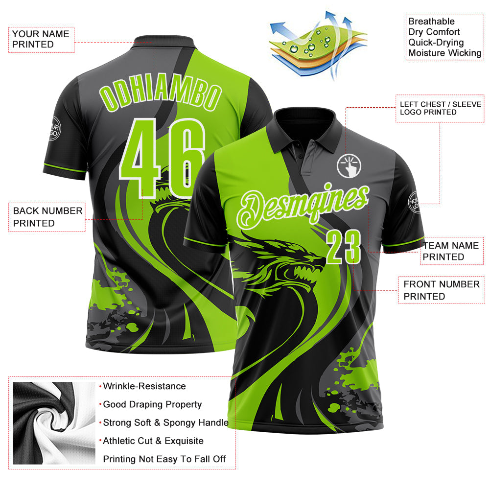 Custom Black Neon Green Steel Gray-White 3D Pattern Design Animal Wolf And Splash Performance Polo Shirt