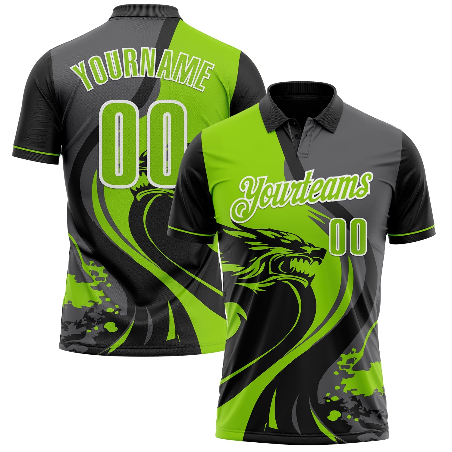 Custom Black Neon Green Steel Gray-White 3D Pattern Design Animal Wolf And Splash Performance Polo Shirt