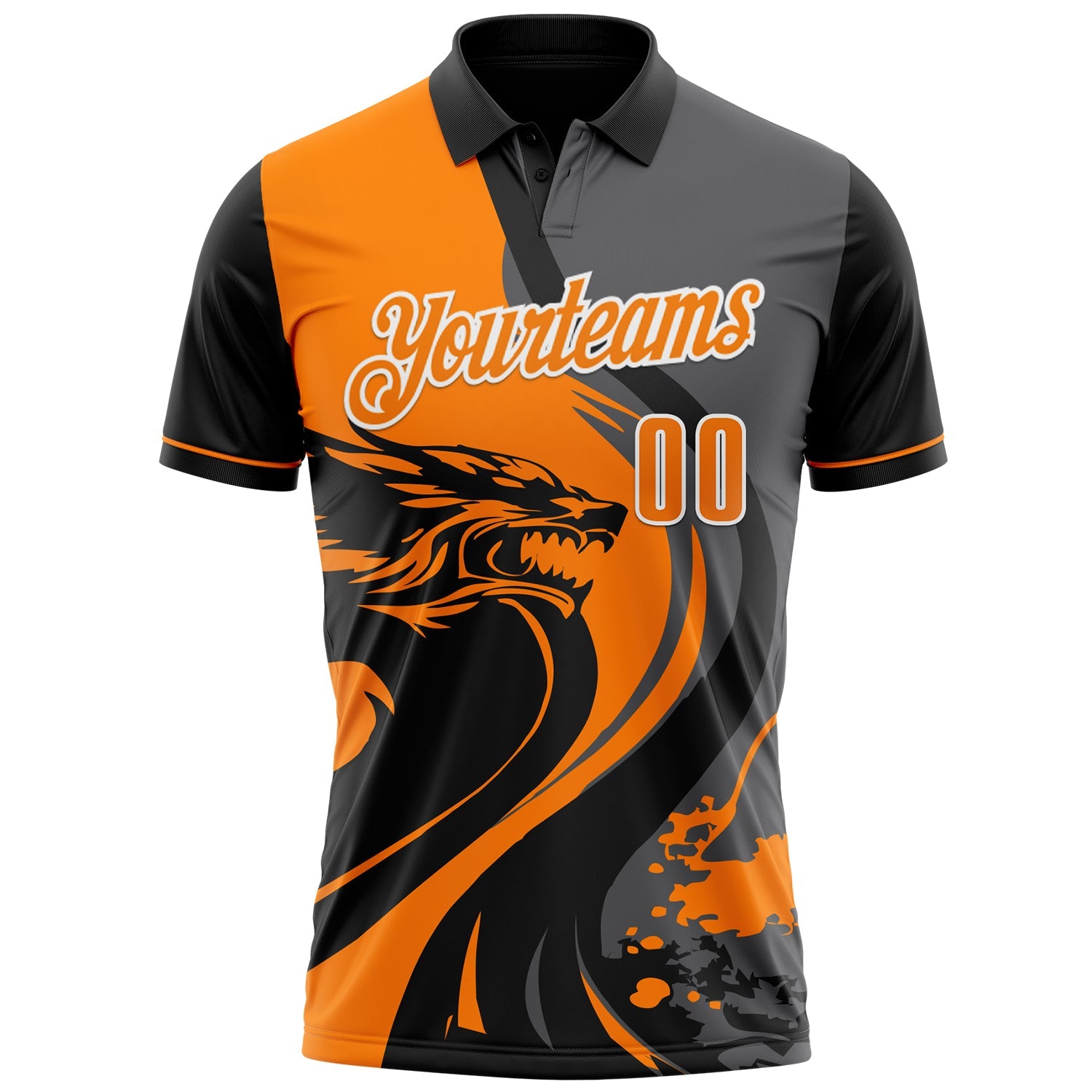 Custom Black Bay Orange Steel Gray-White 3D Pattern Design Animal Wolf And Splash Performance Polo Shirt