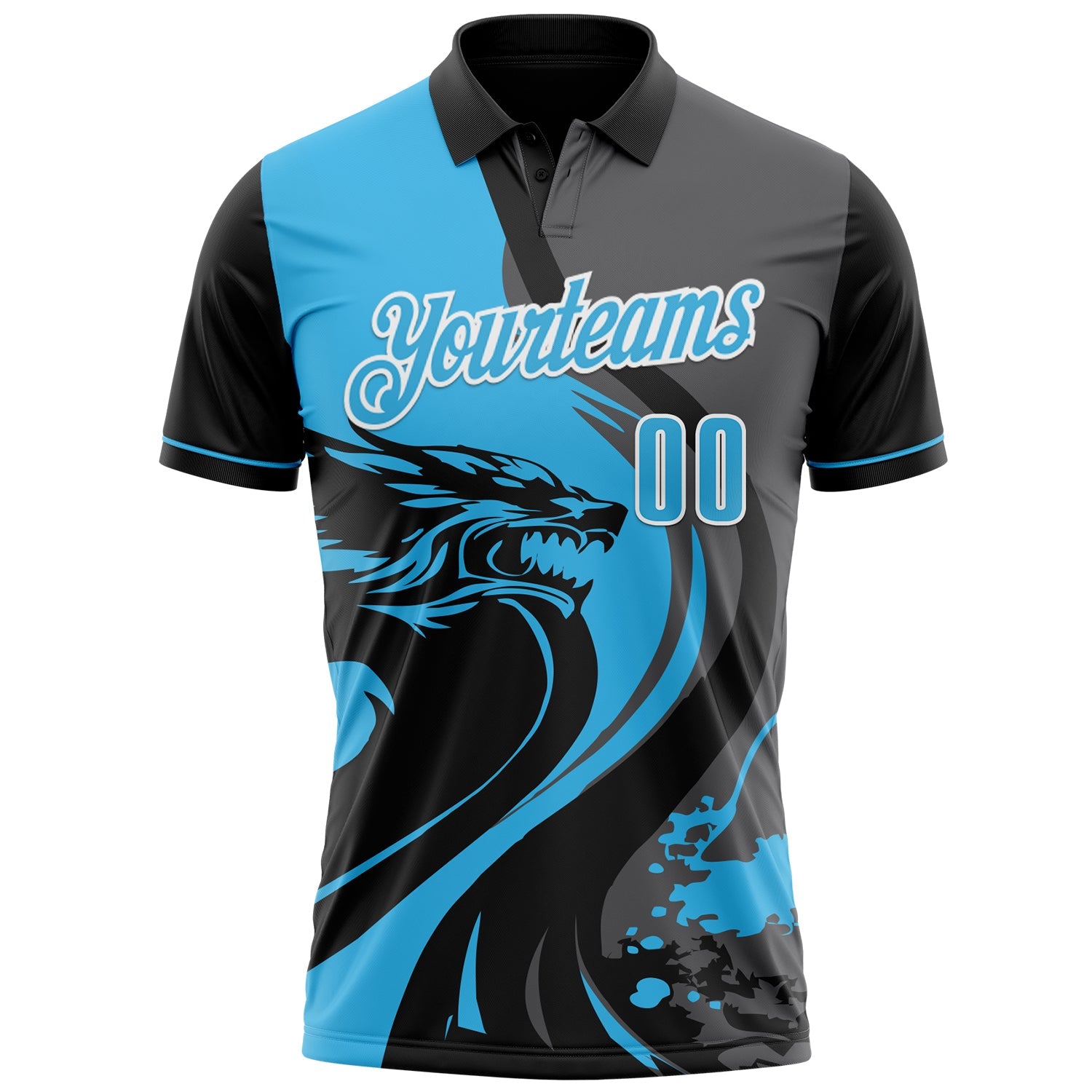 Custom Black Sky Blue Steel Gray-White 3D Pattern Design Animal Wolf And Splash Performance Polo Shirt