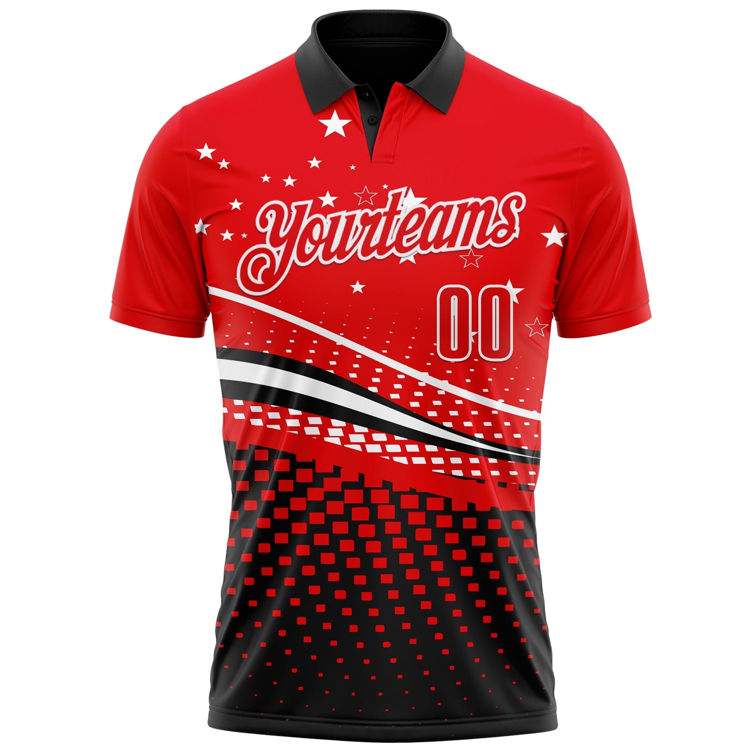 Custom Fire Red Black-White 3D Pattern Design Star And Geometric Shapes Performance Polo Shirt