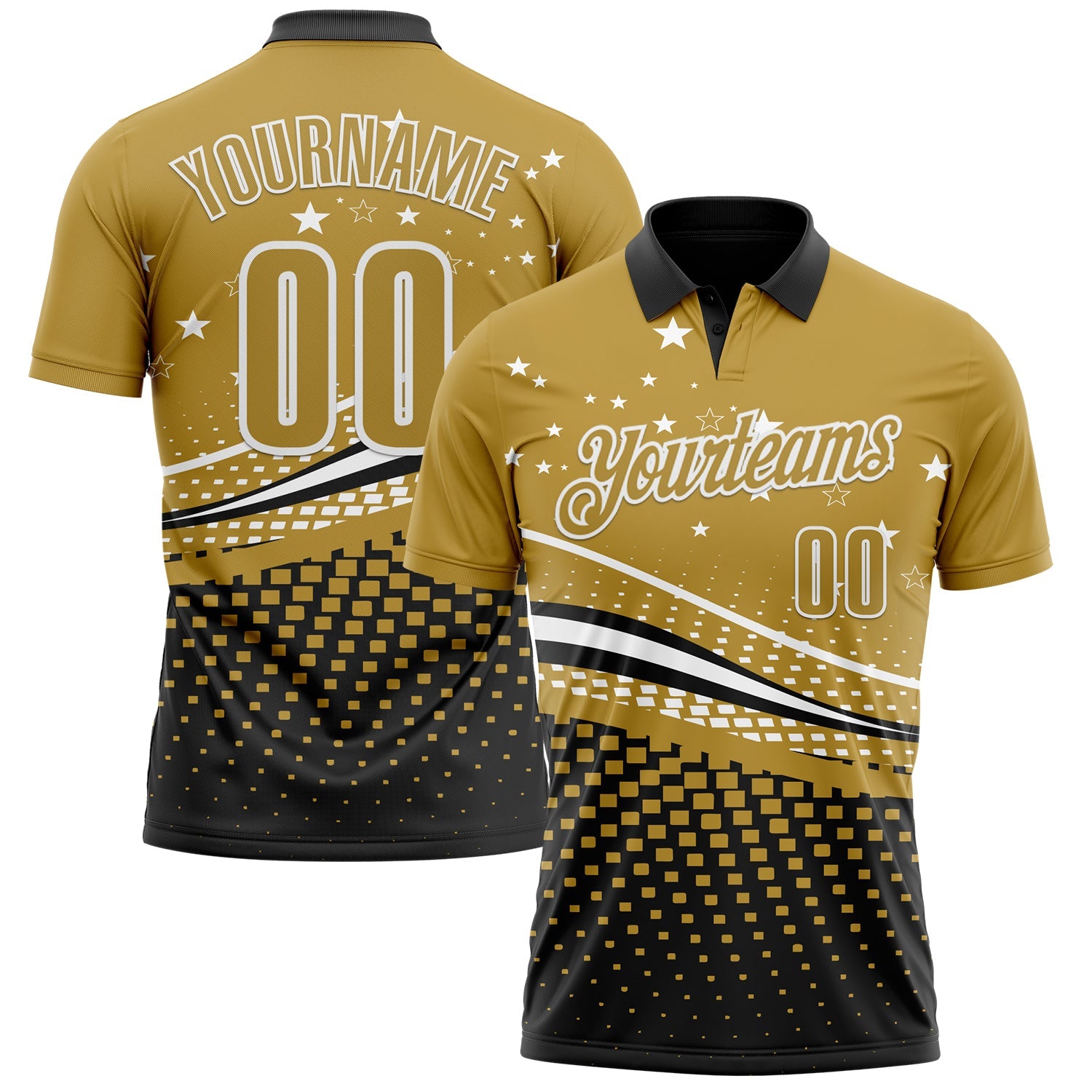 Custom Old Gold Black-White 3D Pattern Design Star And Geometric Shapes Performance Polo Shirt
