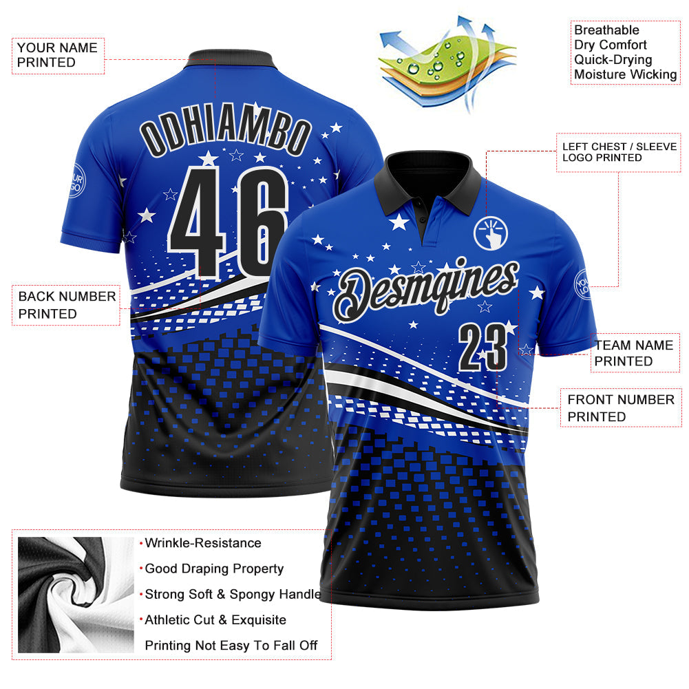 Custom Thunder Blue Black-White 3D Pattern Design Star And Geometric Shapes Performance Polo Shirt