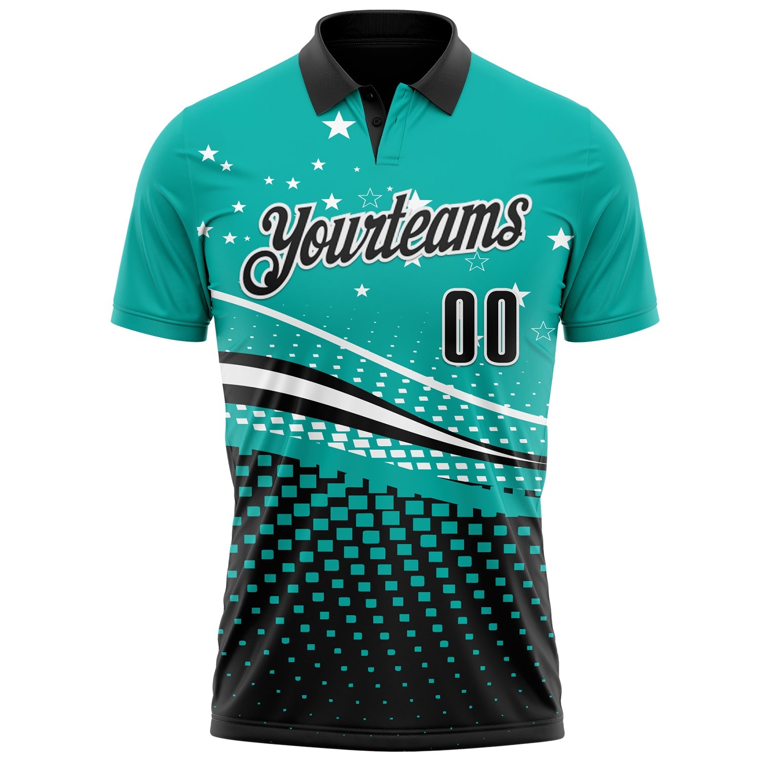 Custom Aqua Black-White 3D Pattern Design Star And Geometric Shapes Performance Polo Shirt