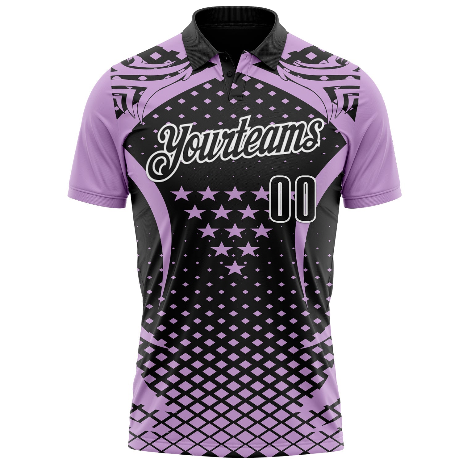 Custom Light Purple Black-White 3D Pattern Design Star And Geometric Shapes Performance Polo Shirt