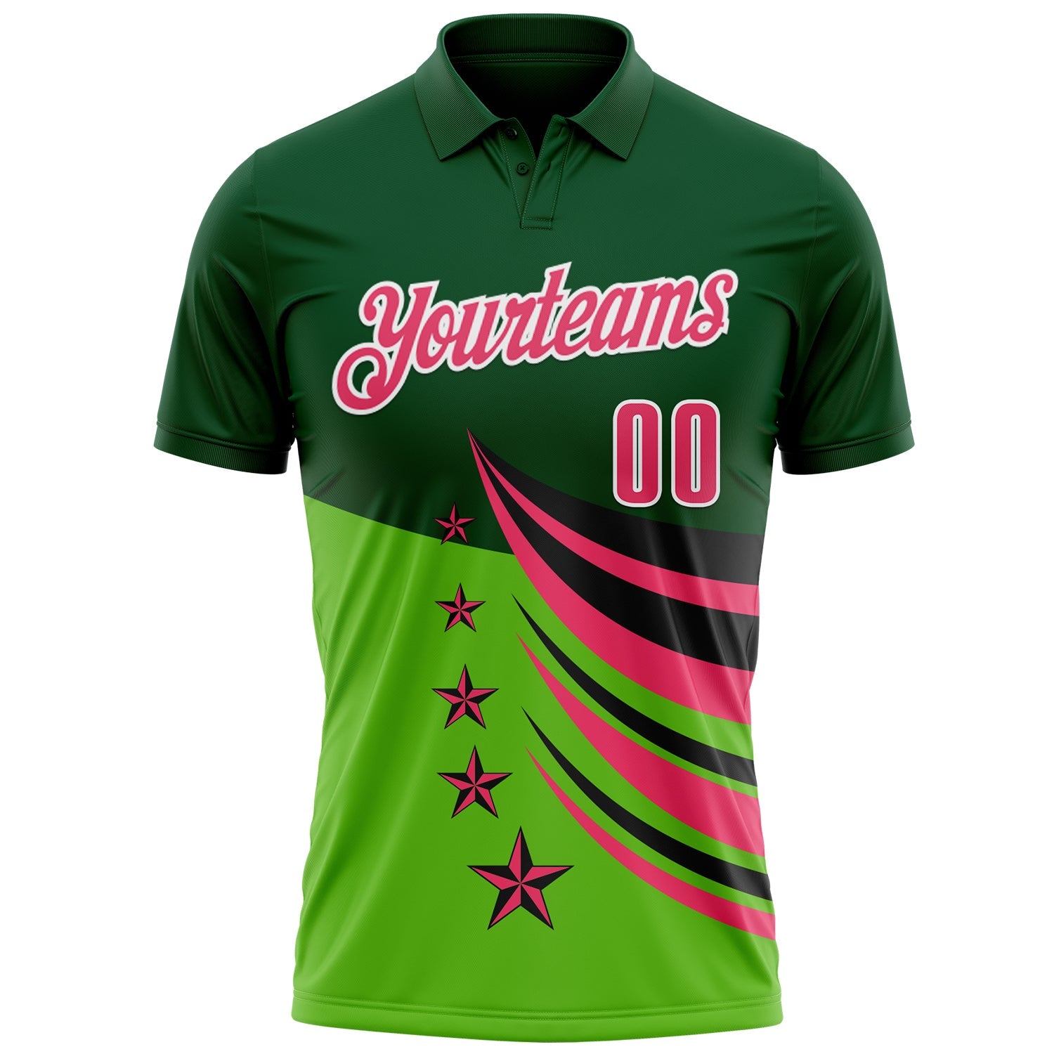 Custom Green Neon Pink Black-White 3D Pattern Design Star Performance Polo Shirt