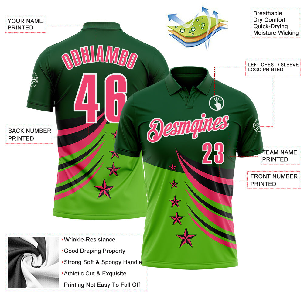 Custom Green Neon Pink Black-White 3D Pattern Design Star Performance Polo Shirt