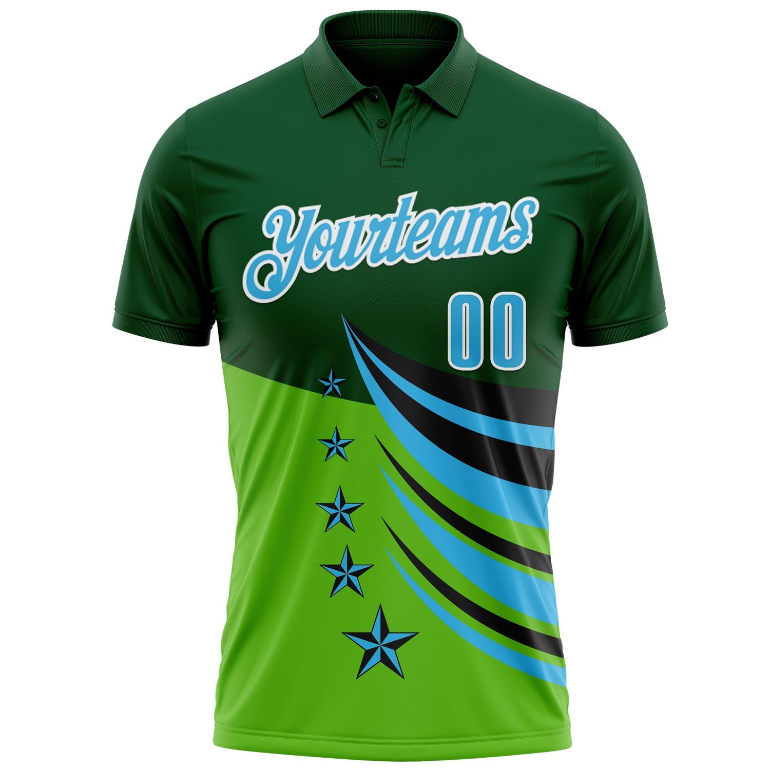 Custom Green Sky Blue Black-White 3D Pattern Design Star Performance Polo Shirt