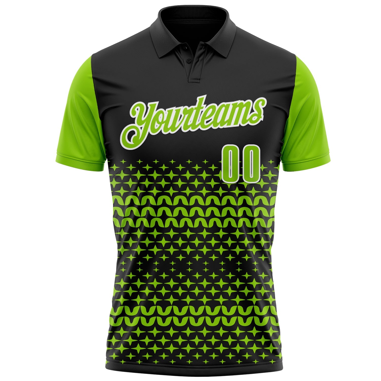 Custom Black Neon Green-White 3D Pattern Design Star Performance Polo Shirt