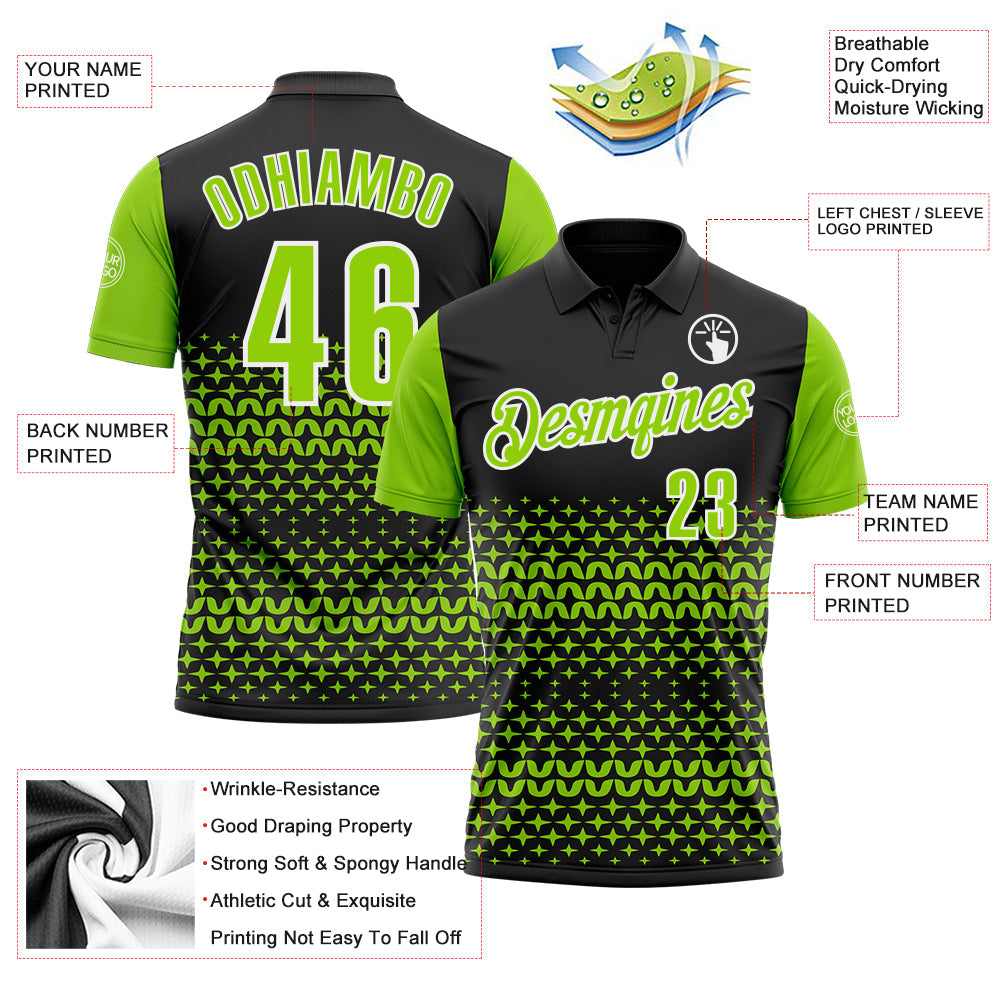 Custom Black Neon Green-White 3D Pattern Design Star Performance Polo Shirt