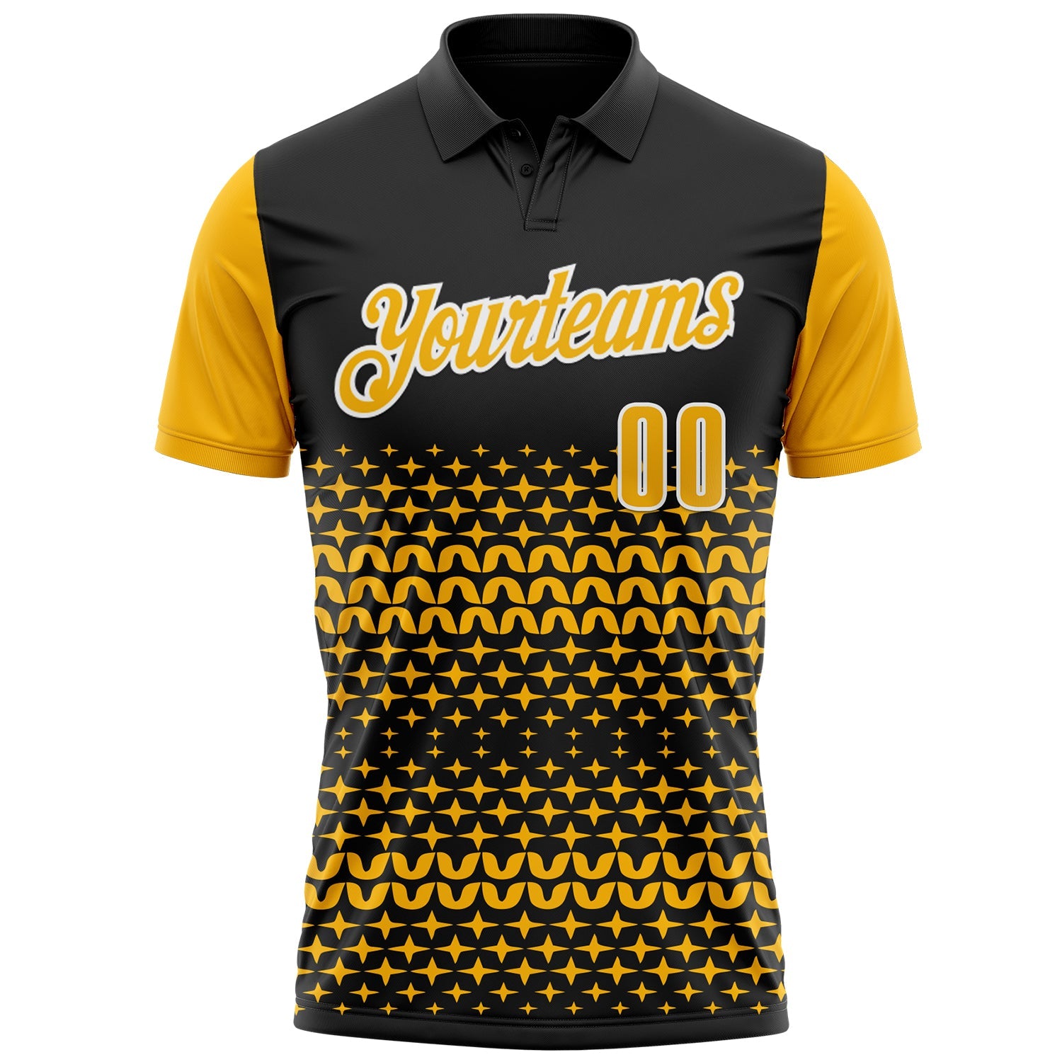 Custom Black Gold-White 3D Pattern Design Star Performance Polo Shirt