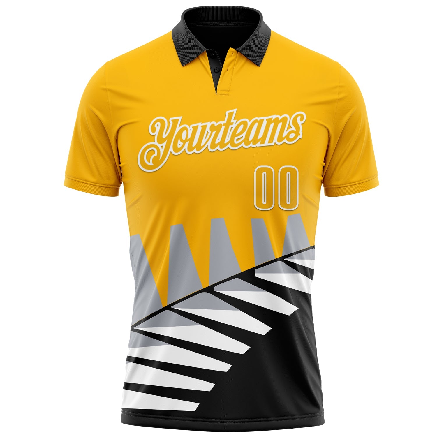 Custom Gold Black Gray-White 3D Pattern Design Geometric Shapes Performance Polo Shirt