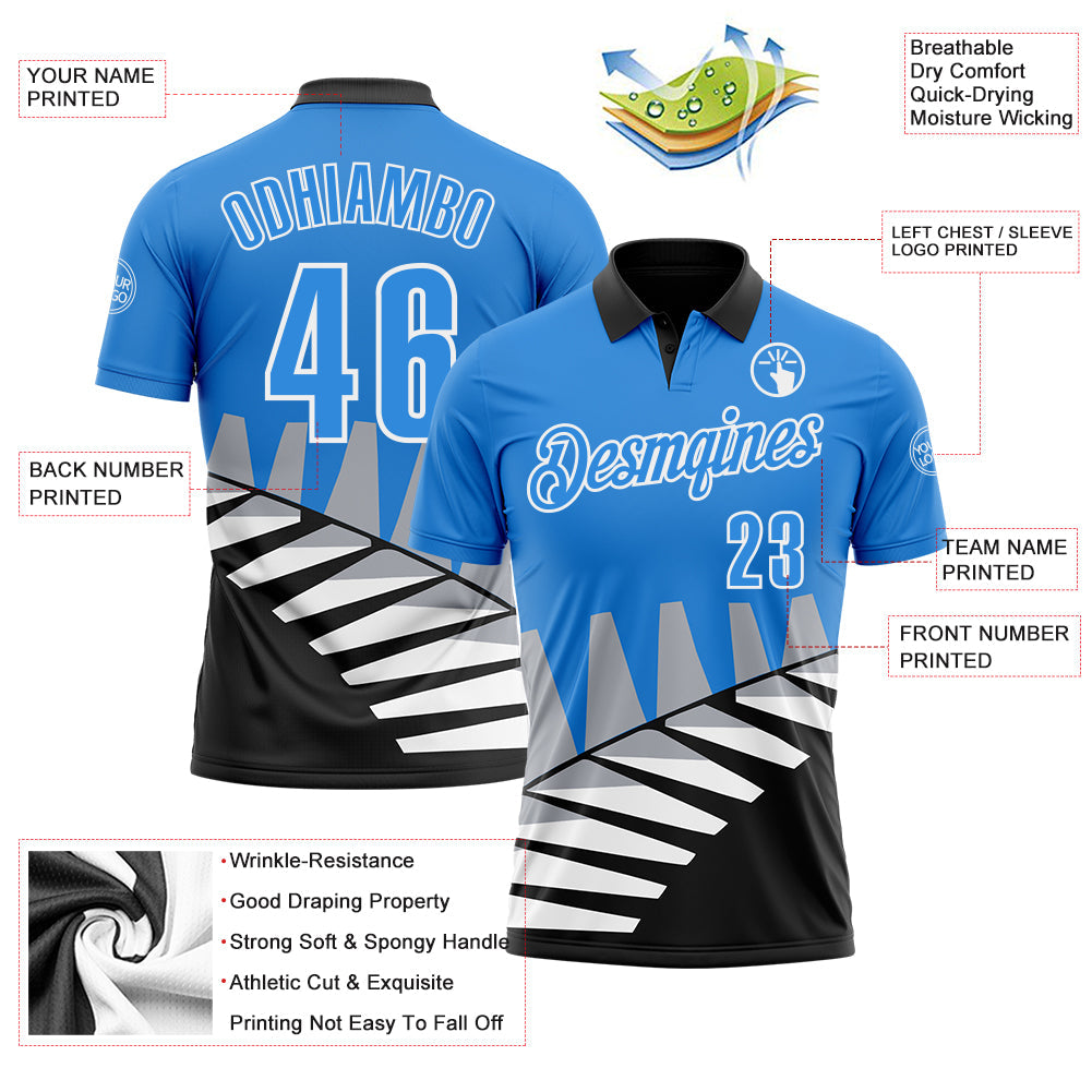 Custom Powder Blue Black Gray-White 3D Pattern Design Geometric Shapes Performance Polo Shirt