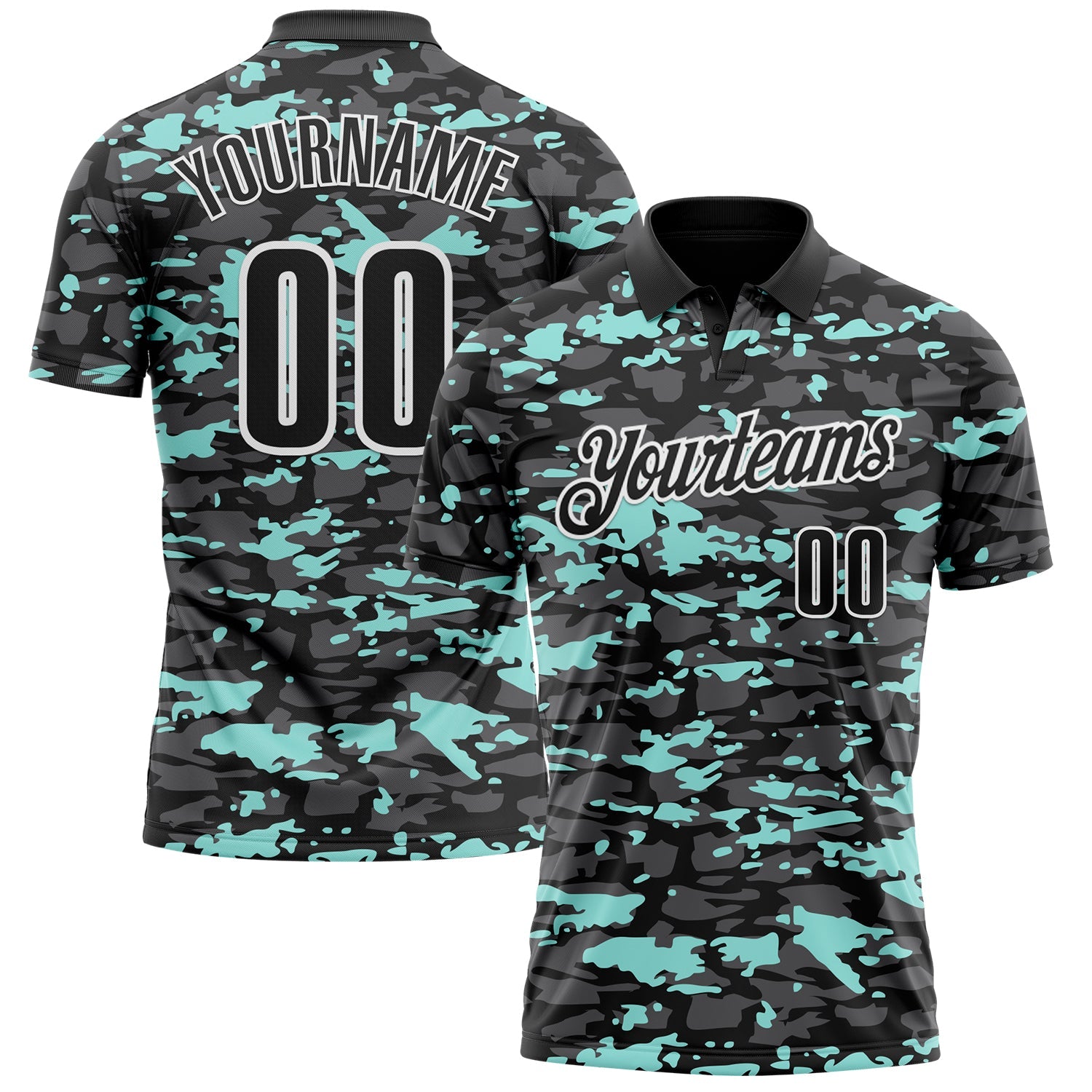 Custom Black Steel Gray Ice Blue-White 3D Pattern Design Splash Performance Polo Shirt