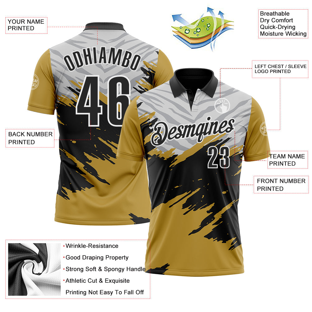 Custom Old Gold Black Gray-White 3D Pattern Design Splash Performance Polo Shirt