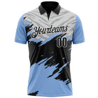 Custom Light Blue Black Gray-White 3D Pattern Design Splash Performance Polo Shirt