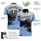 Custom Light Blue Black Gray-White 3D Pattern Design Splash Performance Polo Shirt