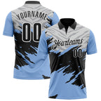 Custom Light Blue Black Gray-White 3D Pattern Design Splash Performance Polo Shirt