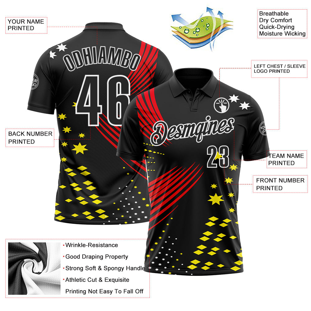 Custom Black Fire Red Light Yellow-White 3D Pattern Design Star And Geometric Shapes Performance Polo Shirt