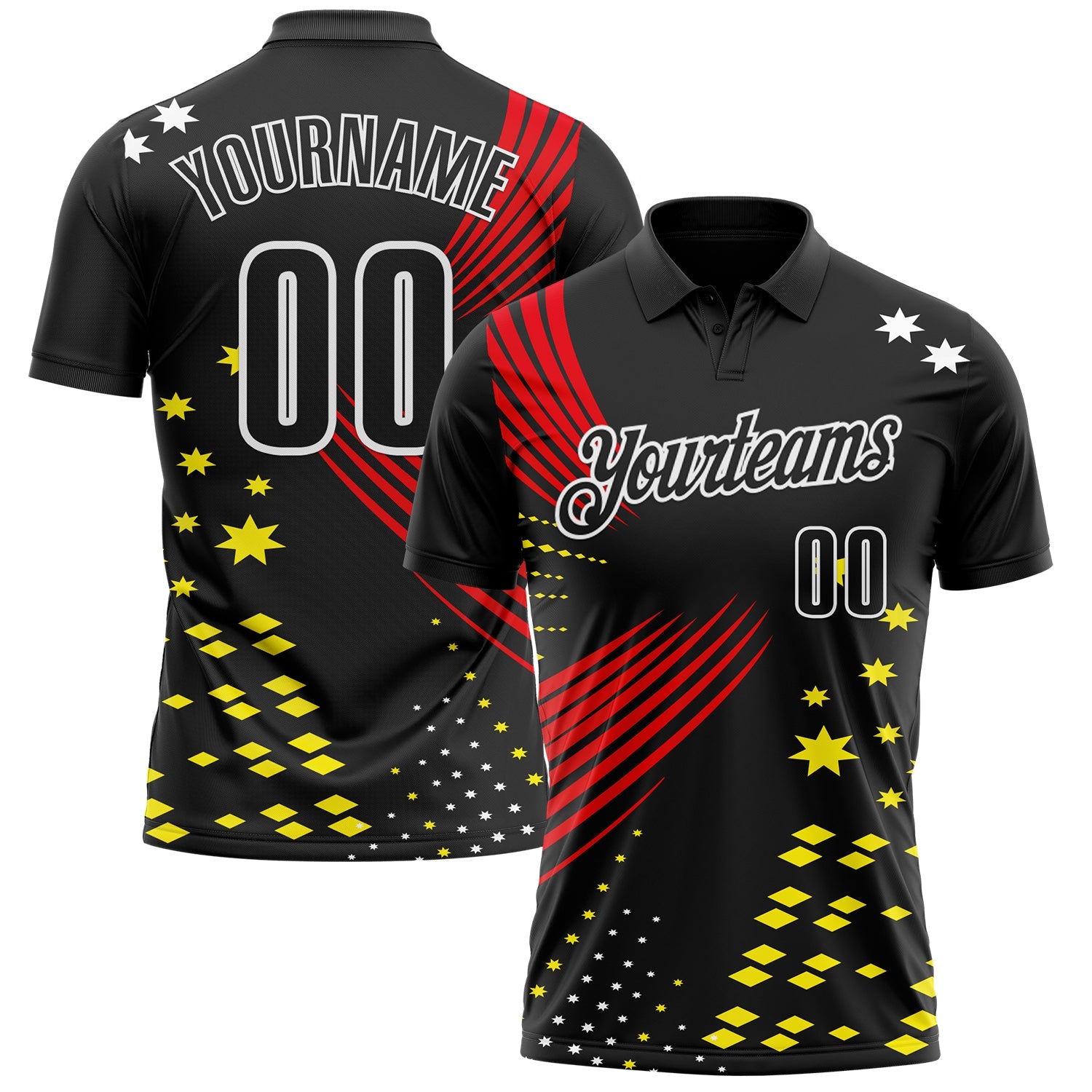 Custom Black Fire Red Light Yellow-White 3D Pattern Design Star And Geometric Shapes Performance Polo Shirt
