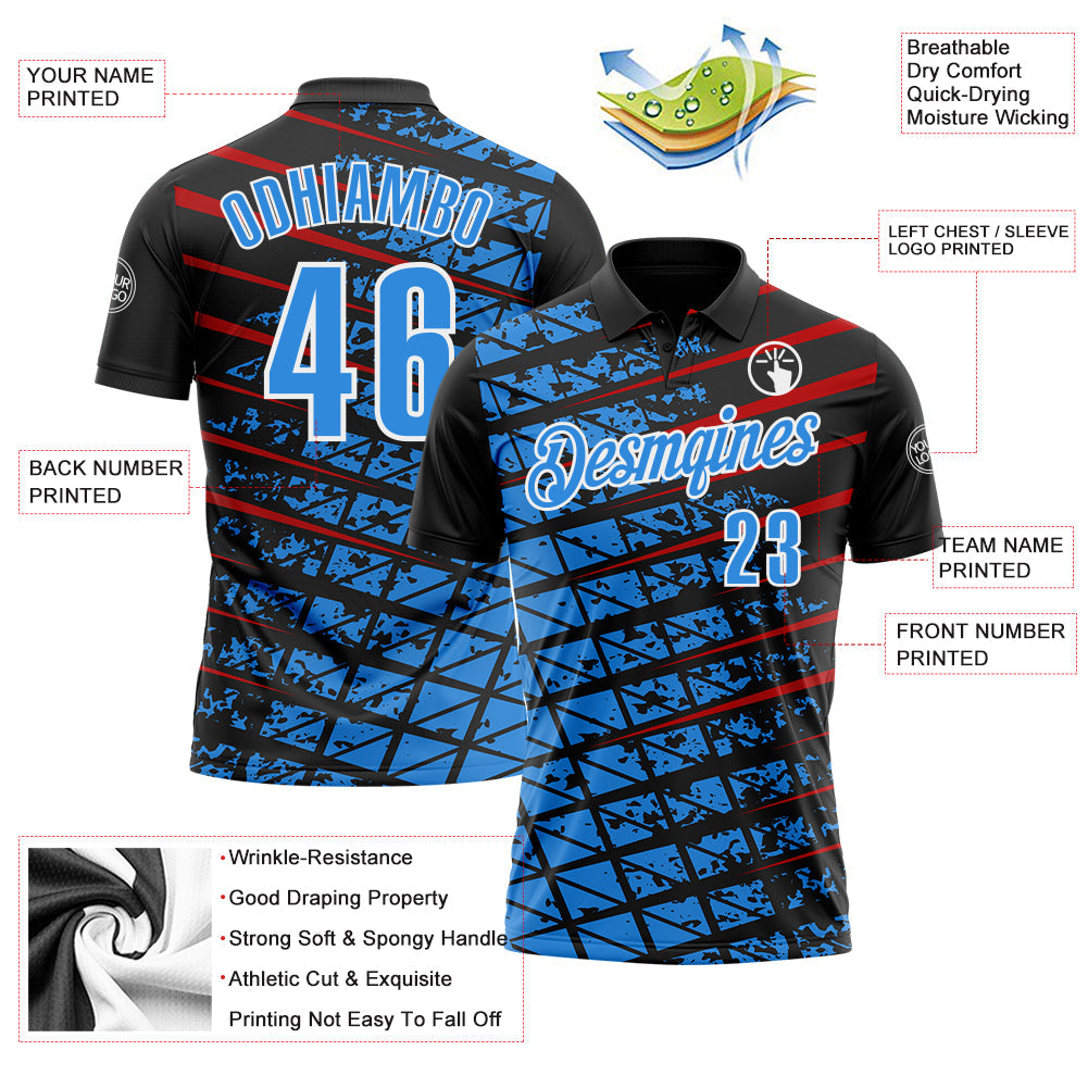 Custom Black Powder Blue Red-White 3D Pattern Design Grid And Fragment Art Performance Polo Shirt