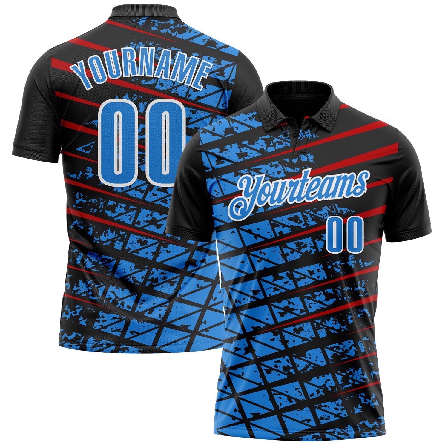 Custom Black Powder Blue Red-White 3D Pattern Design Grid And Fragment Art Performance Polo Shirt