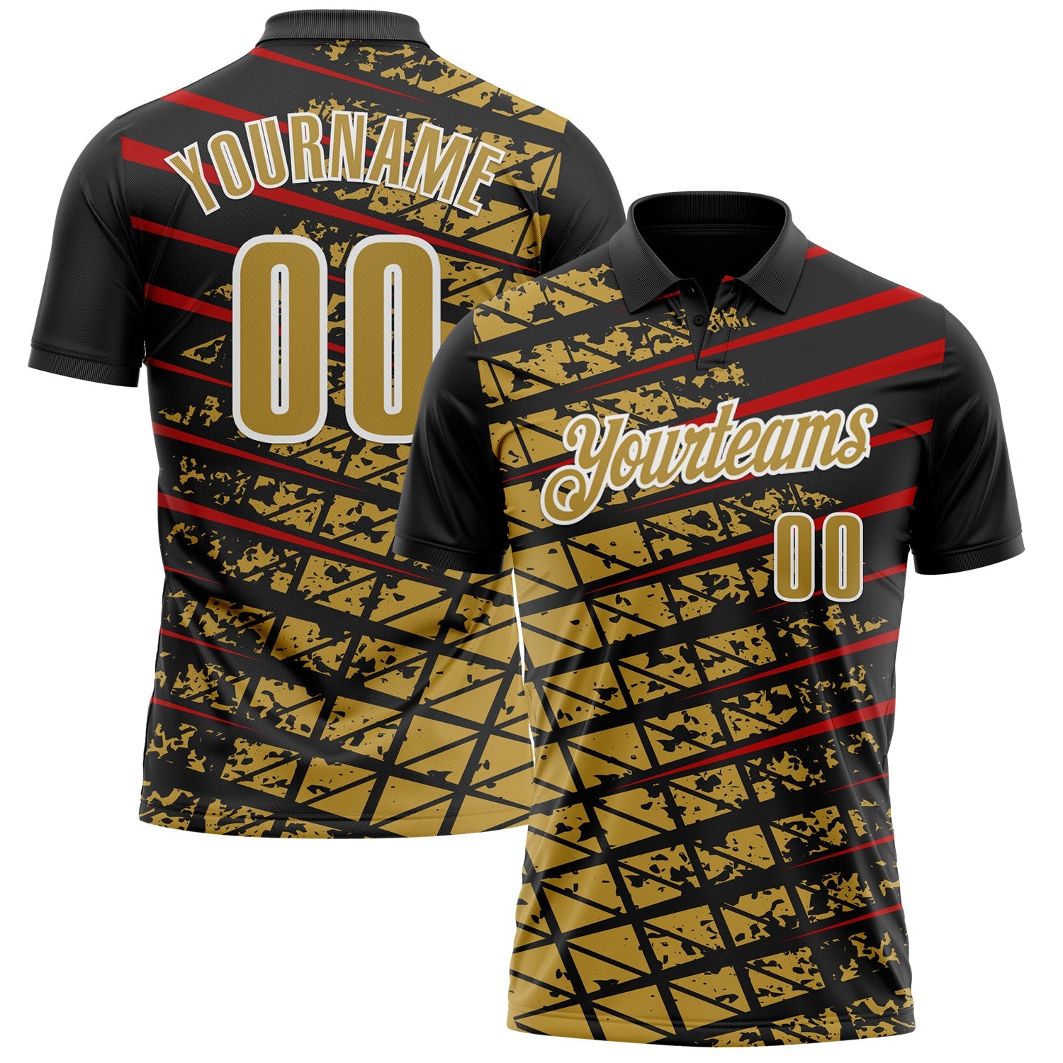 Custom Black Old Gold Red-White 3D Pattern Design Grid And Fragment Art Performance Polo Shirt