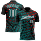 Custom Black Teal Red-White 3D Pattern Design Grid And Fragment Art Performance Polo Shirt