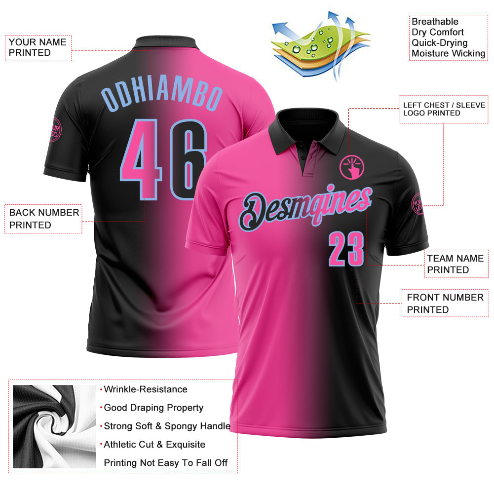 Custom Black Pink-Light Blue 3D Gradient Fashion Performance Polo Shirt