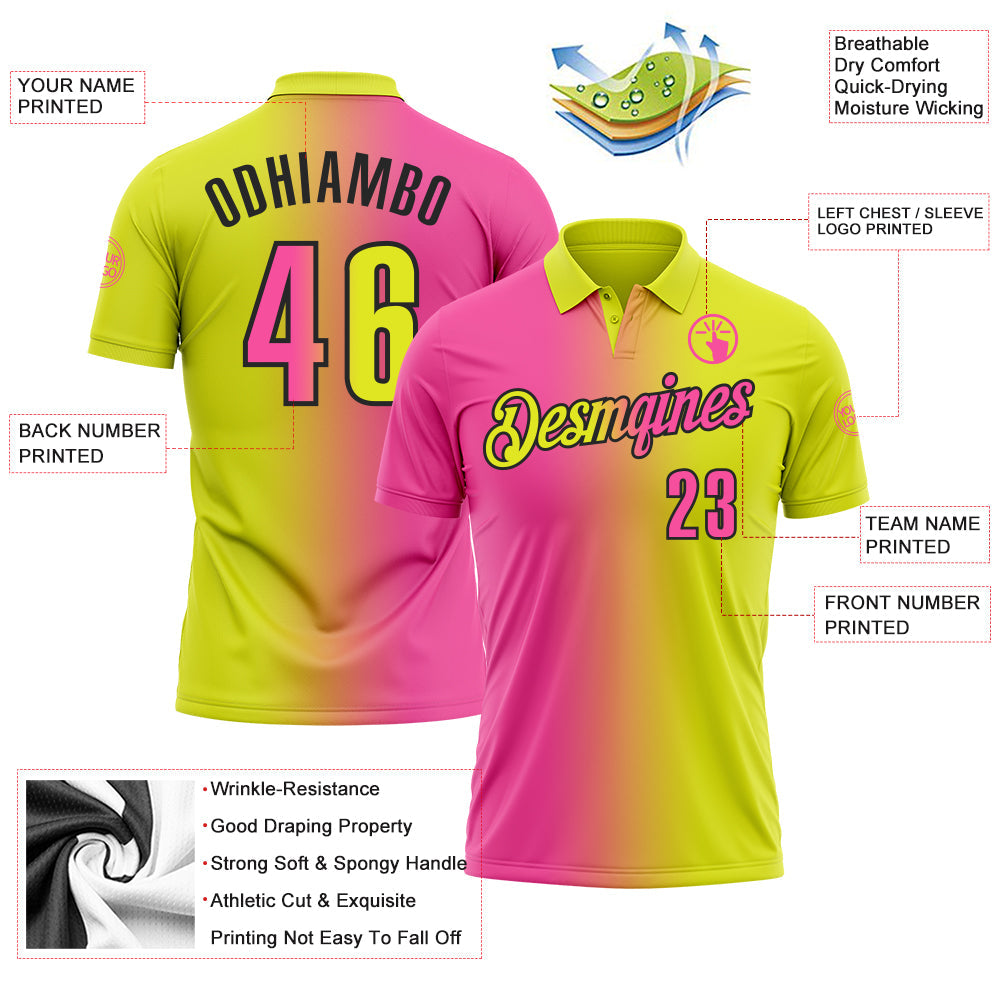 Custom Neon Yellow Pink-Black 3D Gradient Fashion Performance Polo Shirt