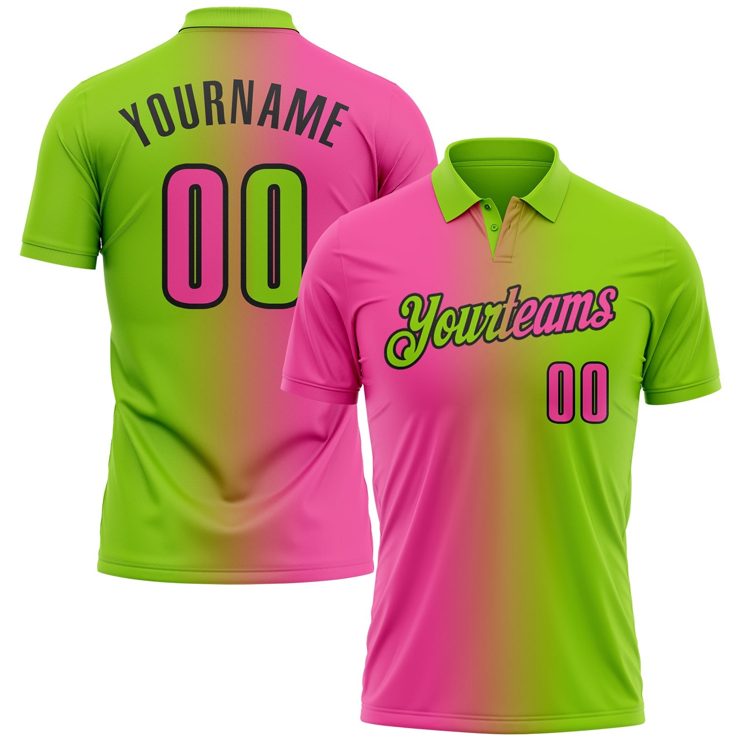 Custom Neon Green Pink-Black 3D Gradient Fashion Performance Polo Shirt