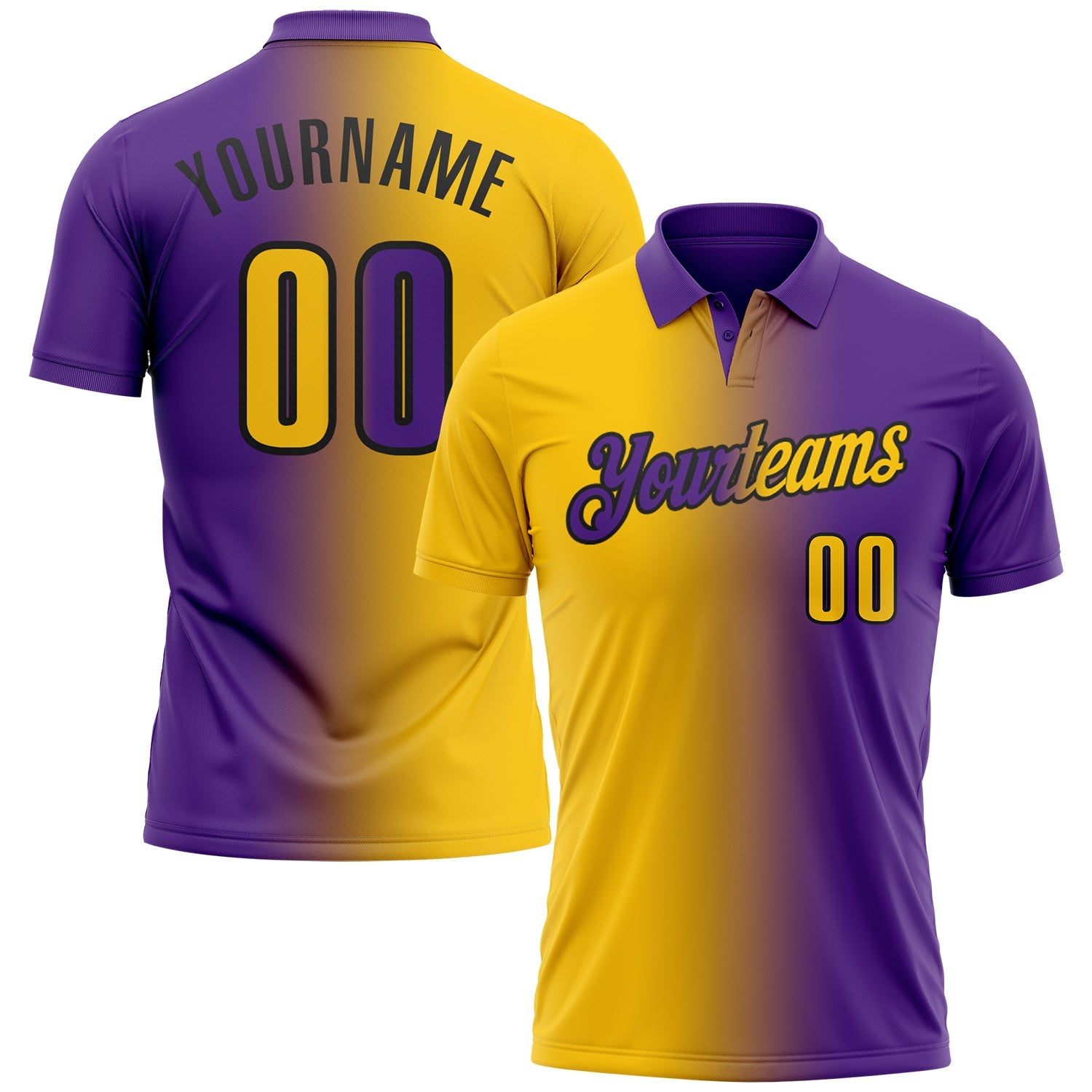 Custom Purple Yellow-Black 3D Gradient Fashion Performance Polo Shirt