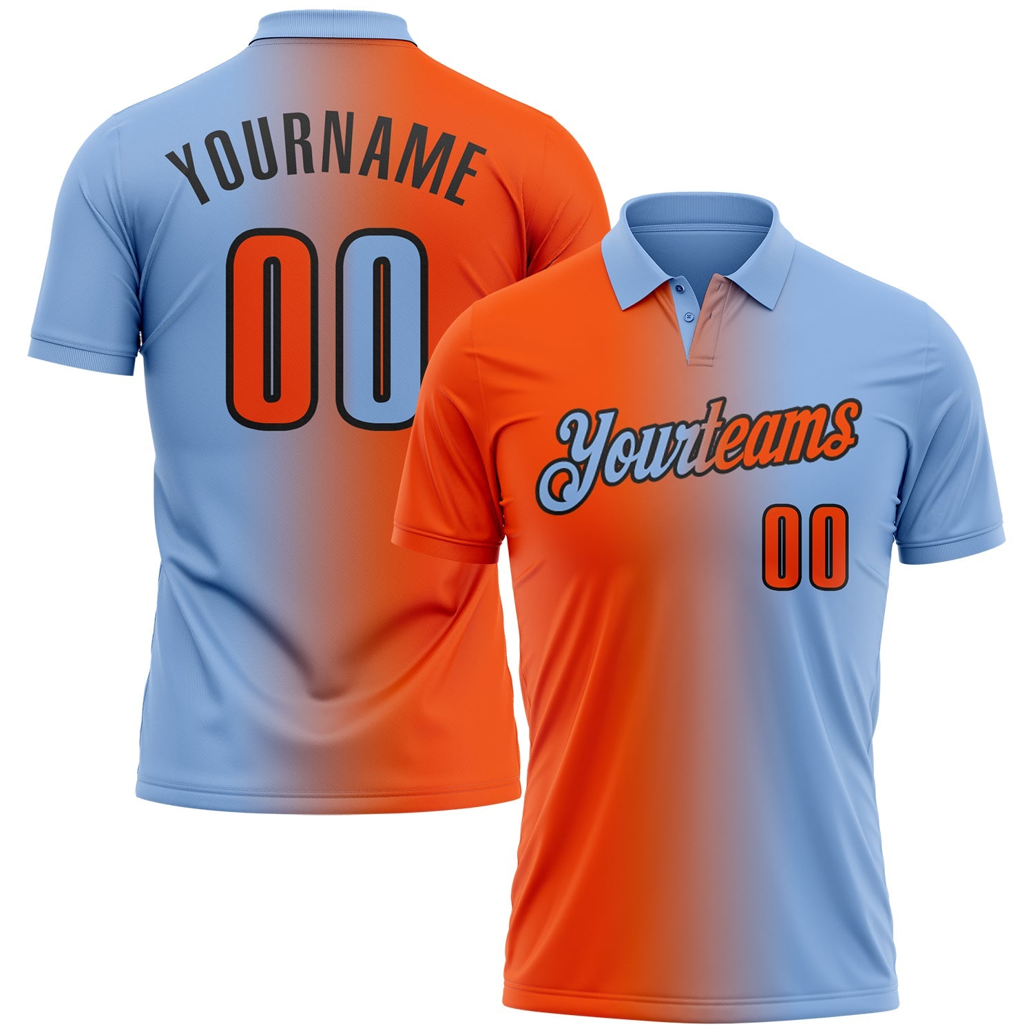 Custom Light Blue Orange-Black 3D Gradient Fashion Performance Polo Shirt