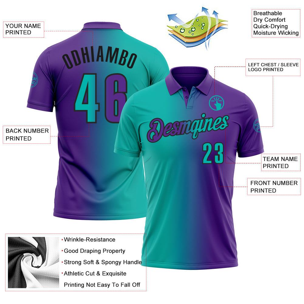 Custom Purple Aqua-Black 3D Gradient Fashion Performance Polo Shirt