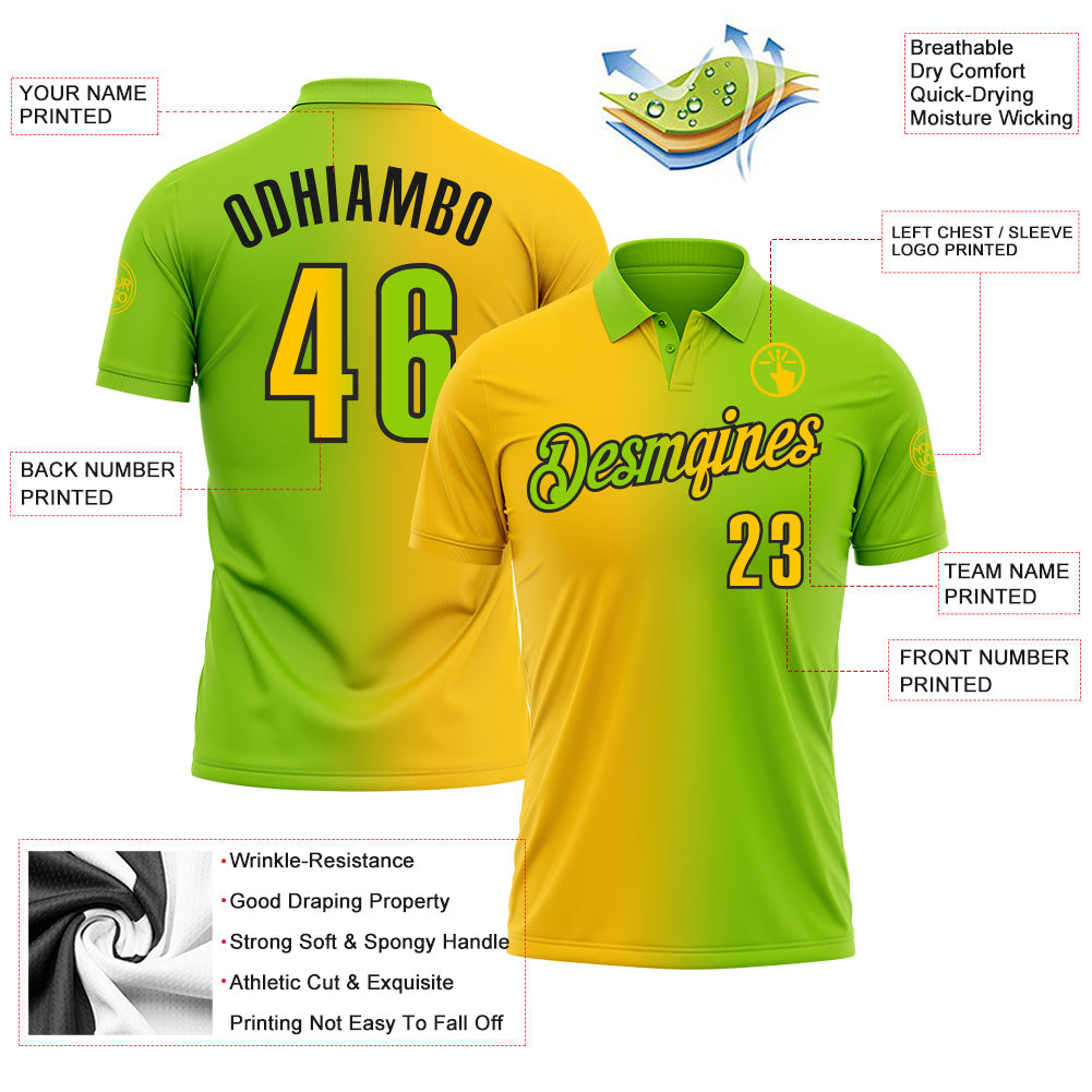 Custom Neon Green Yellow-Black 3D Gradient Fashion Performance Polo Shirt