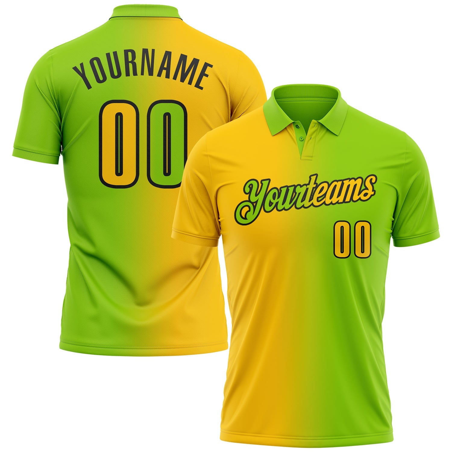 Custom Neon Green Yellow-Black 3D Gradient Fashion Performance Polo Shirt