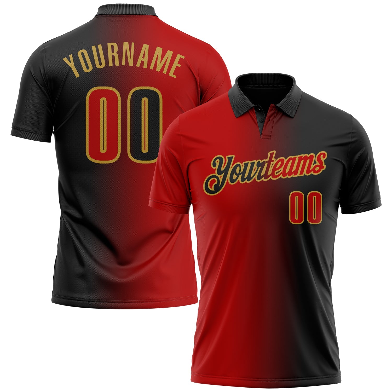 Custom Black Red-Old Gold 3D Gradient Fashion Performance Polo Shirt
