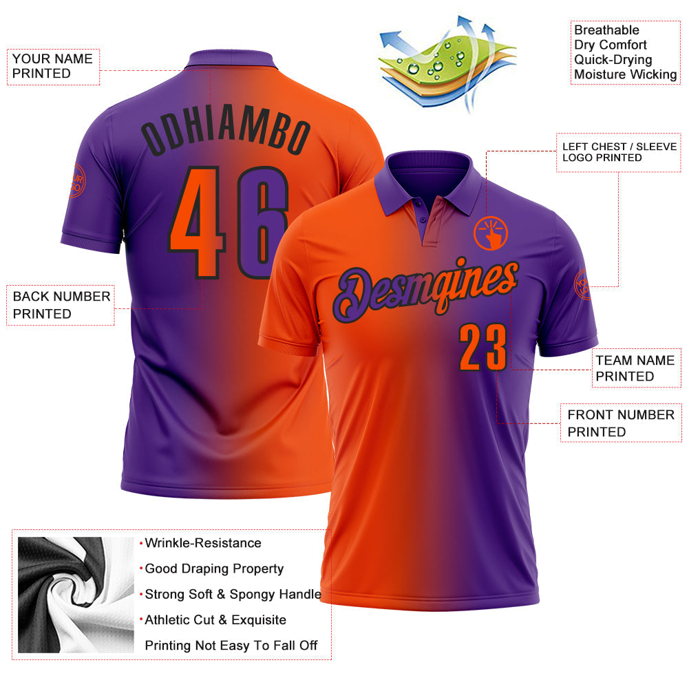 Custom Purple Orange-Black 3D Gradient Fashion Performance Polo Shirt