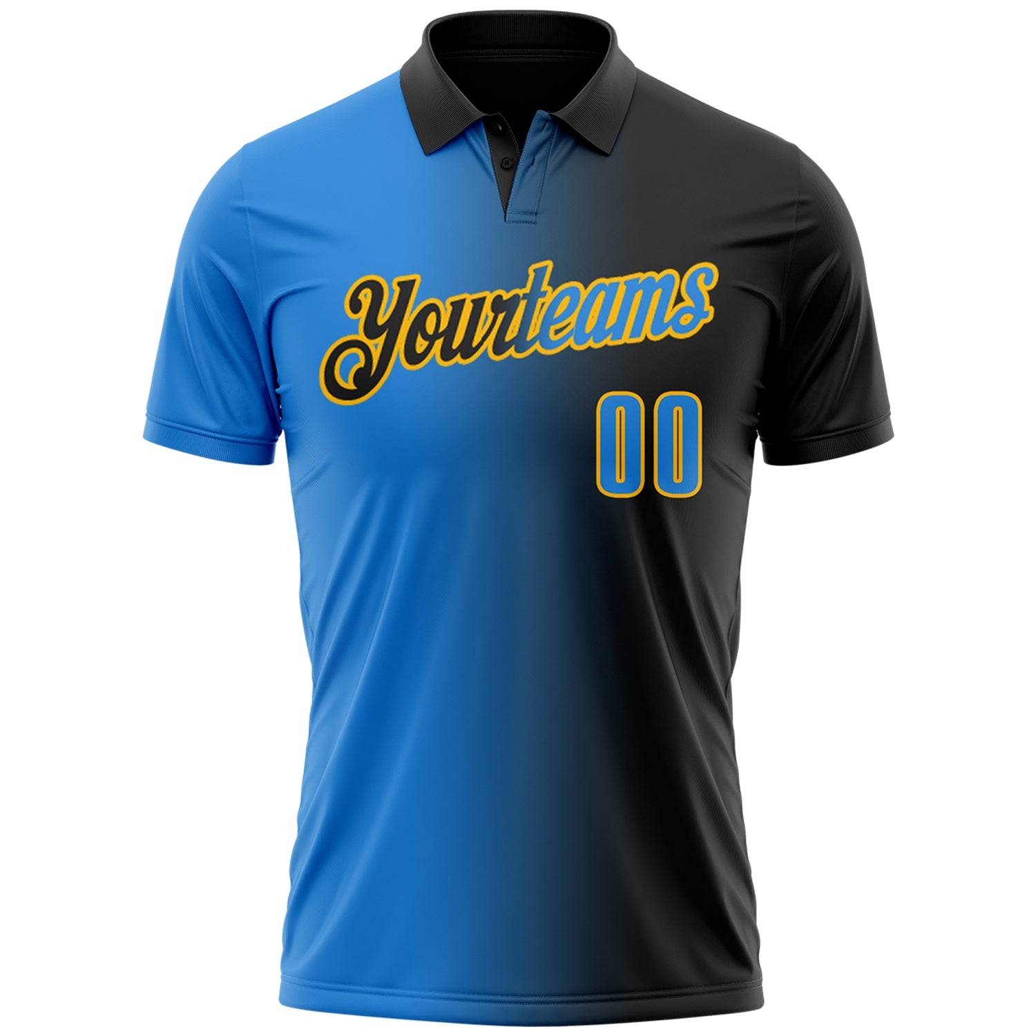 Custom Black Powder Blue-Gold 3D Gradient Fashion Performance Polo Shirt