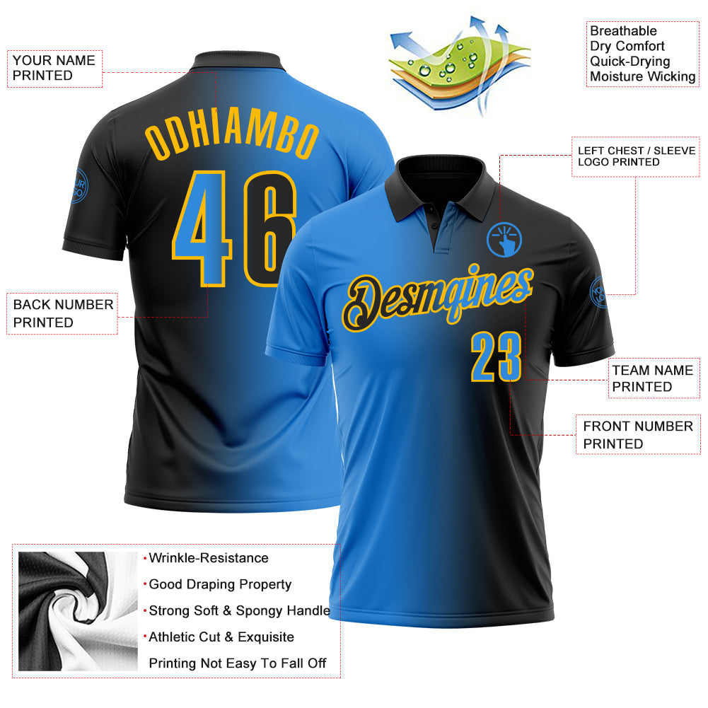 Custom Black Powder Blue-Gold 3D Gradient Fashion Performance Polo Shirt